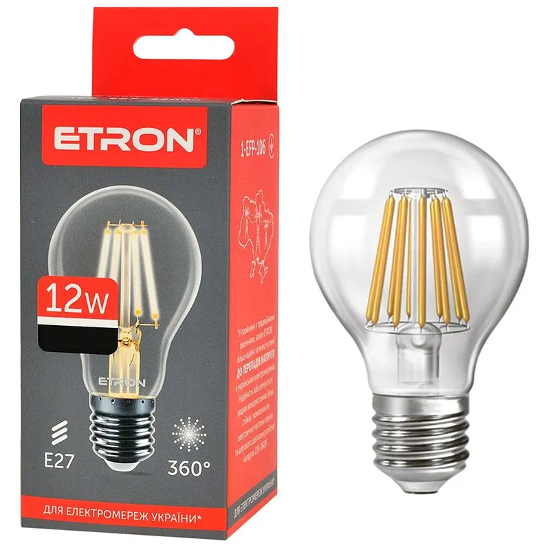 Лампа філаментна Etron, 12W, A60, E27, 4200K, 1-EFP-106 купити недорого в Україні, фото 1
