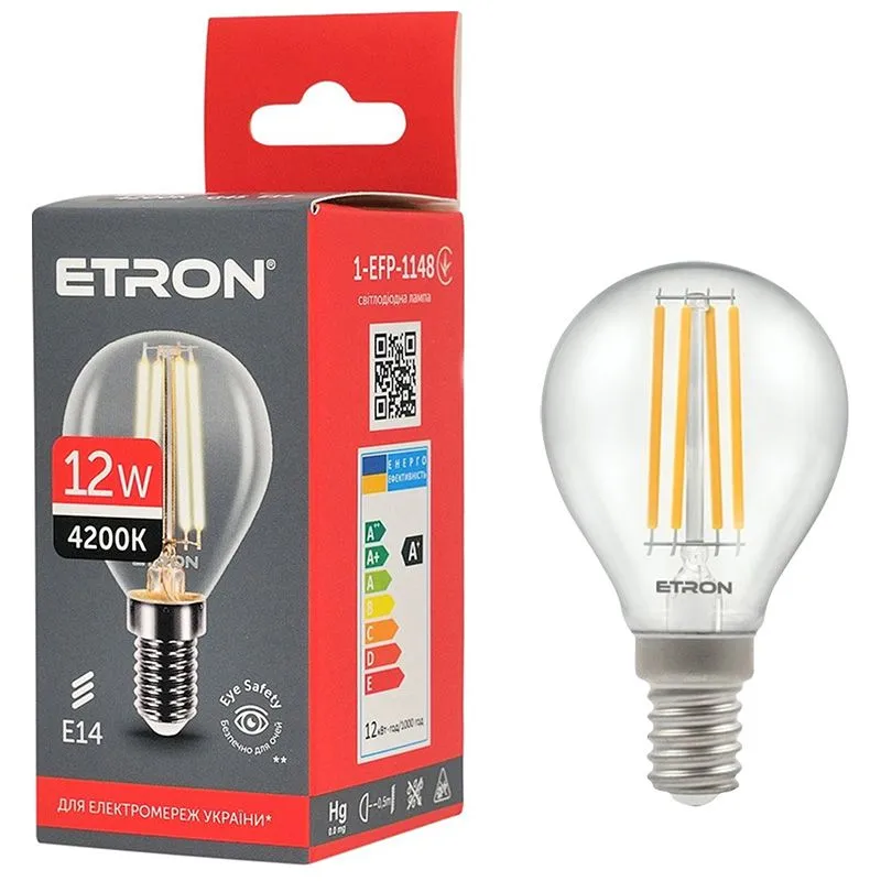 Лампа филаментная Etron, 12W, G45, E14, 4200K, 1-EFP-1148 купить недорого в Украине, фото 1