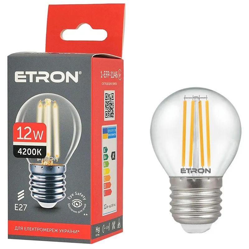 Лампа філаментна Etron, 12W, G45, E27, 4200K, 1-EFP-1146 купити недорого в Україні, фото 1