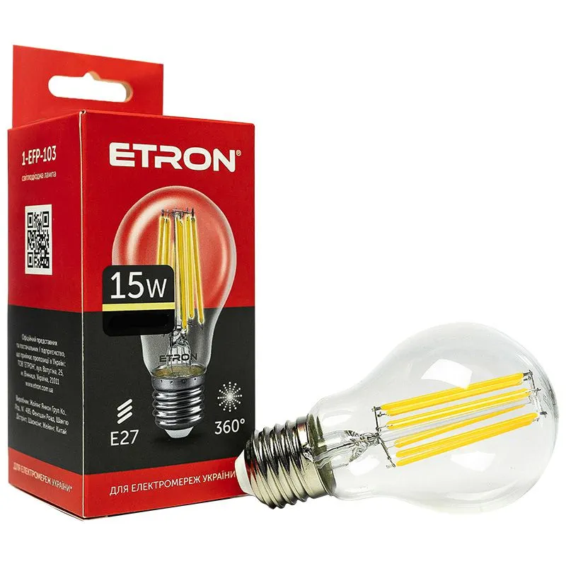 Лампа филаментная Etron, 15W, A60, E27, 3000K, 1-EFP-103 купить недорого в Украине, фото 1