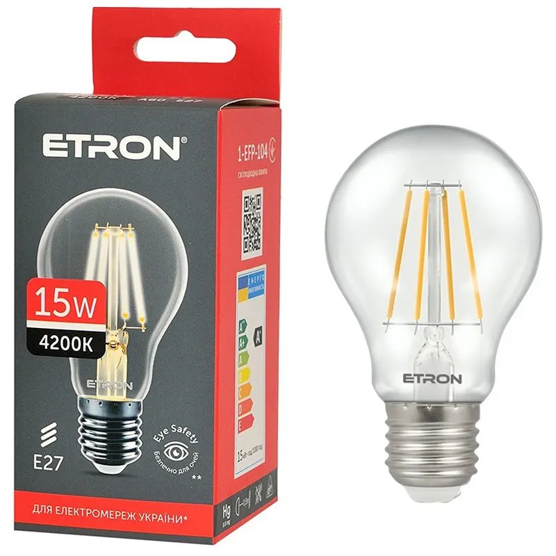 Лампа філаментна Etron, 15W, A60, E27, 4200K, 1-EFP-104 купити недорого в Україні, фото 1