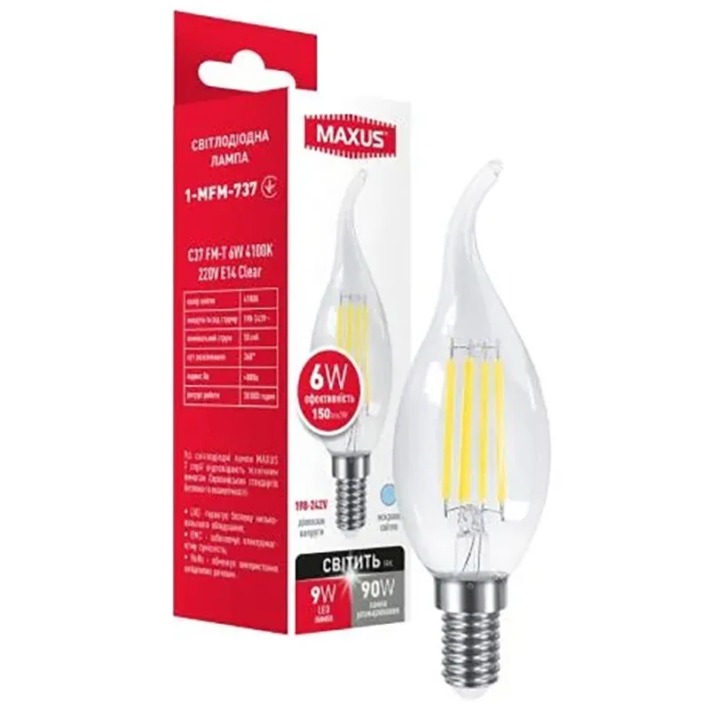 Лампа светодиодная филаментная Maxus FM-T Clear, 6 Вт, C37, Е14, 4100 K, 1-MFM-737 купить недорого в Украине, фото 1