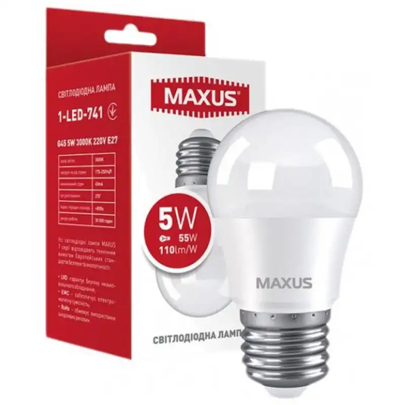 Лампа LED Maxus G45, 5W, E27, 3000K, 220V, 1-LED-741 купить недорого в Украине, фото 2
