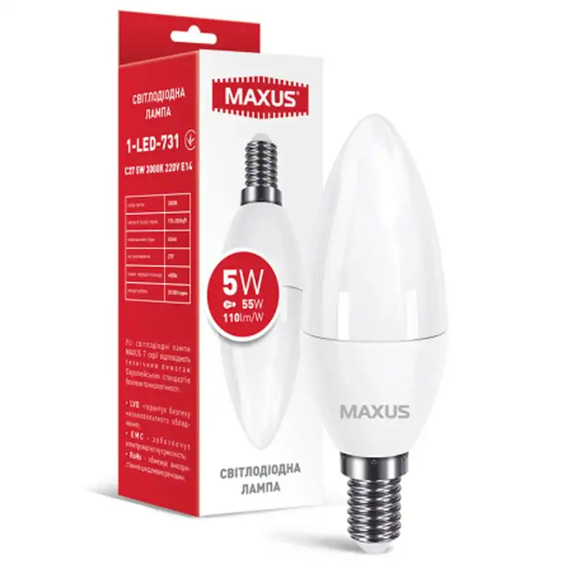 Лампа LED Maxus C37, 5W, E14, 3000K, 220V1-LED-731 купить недорого в Украине, фото 1