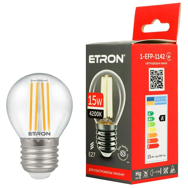 Лампа філаментна Etron, 15W, G45, E27, 4200K, 1-EFP-1142 купити недорого в Україні, фото 1