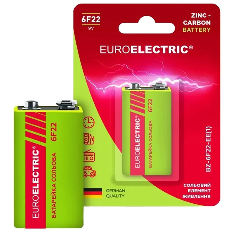 Батарейка Euroelectric 6F22, 9 V, 1 шт, BZ-6F22-EE(1) купить недорого в Украине, фото 1