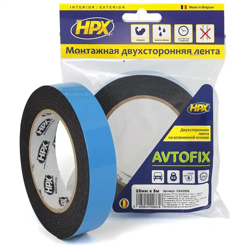 Стрічка двостороння HPX Autofix, 25 мм х 5 м, чорний, DSA2505 купити недорого в Україні, фото 1