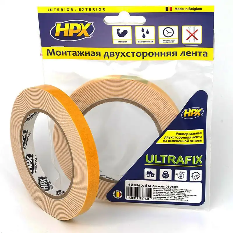 Стрічка двостороння HPX Ultrafix, 12 мм х 5 м, білий, DSU1205 купити недорого в Україні, фото 1