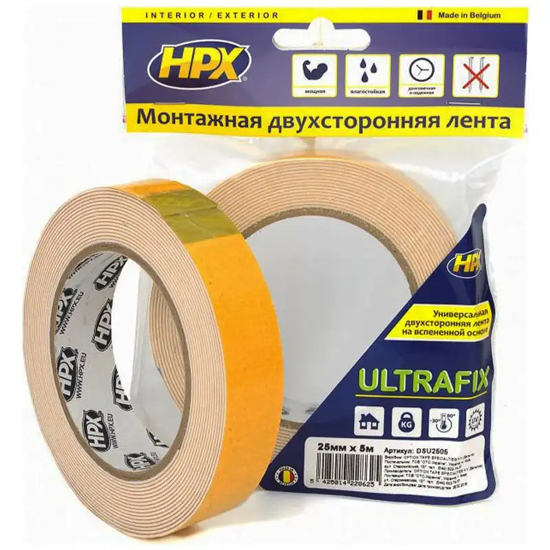 Стрічка двостороння HPX Ultrafix, 25 мм х 5 м, білий, DSU2505 купити недорого в Україні, фото 1