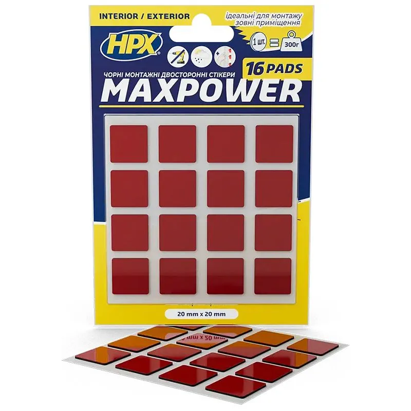 Стикеры двухсторонние акриловые HPX Maxpower Outdoor, 20х20 мм, 16 шт, черный, OT2020SQ купить недорого в Украине, фото 1