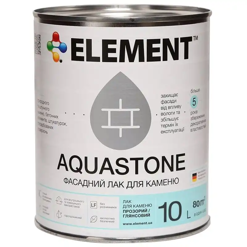 Лак для каменю фасадний Element Aquastone, 10 л купити недорого в Україні, фото 1