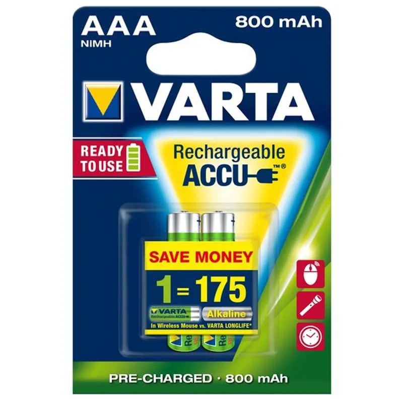 Аккумулятор Varta Rechargeable Accu, NI-MH, AAA, 800 мА, 2 шт, 56703101402 купить недорого в Украине, фото 1