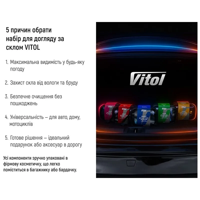 Набор ухода за стеклом Vitol NV-1, 300 мл (очиститель, антидождь, салфетка, тряпка, косметичка), фото 355143 Набор ухода за стеклом Vitol NV-1, 300 мл (очиститель, антидождь, салфетка, тряпка, косметичка) купить недорого в Украине, фото 355143