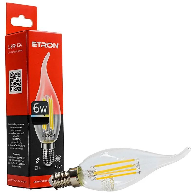 Лампа філаментна Etron, 6 W, C35, E14, 4200 K, 1-EFP-134 купити недорого в Україні, фото 1