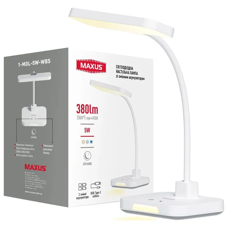 Лампа настільна акумуляторна Maxus, 5W, Li-Ion 2х1200 мАг, Type-C, 1-MDL-5W-WBS купити недорого в Україні, фото 1