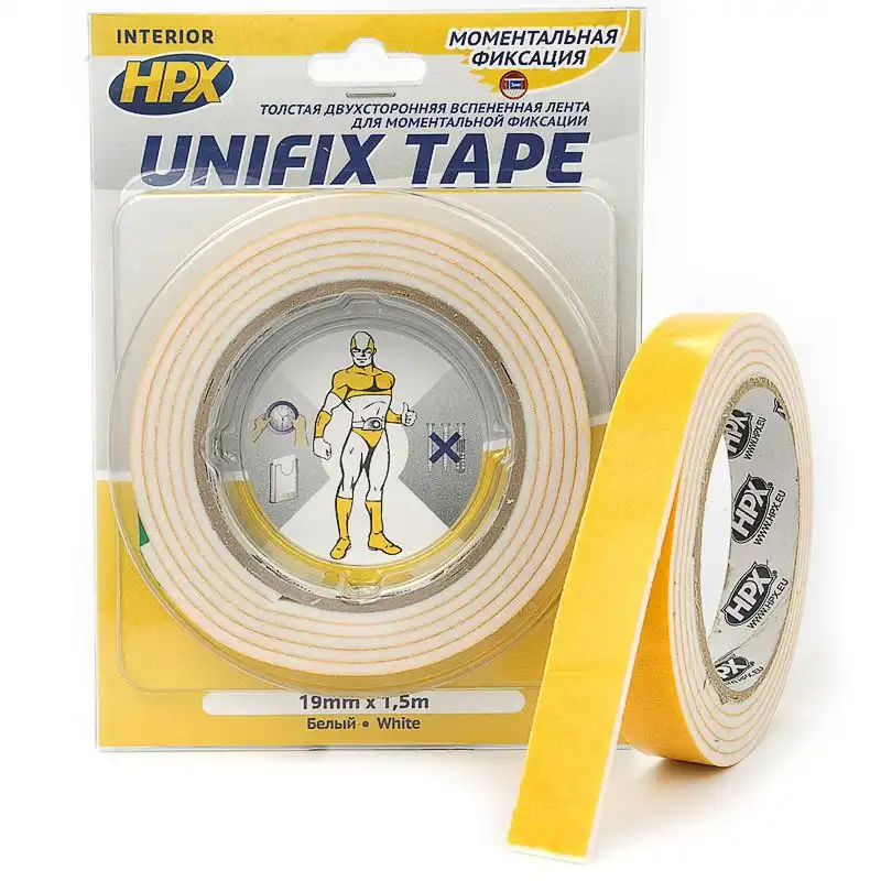 Стрічка двостороння HPX Unifix Tape, 19 мм х 1,5 м, білий, UF1915 купити недорого в Україні, фото 1