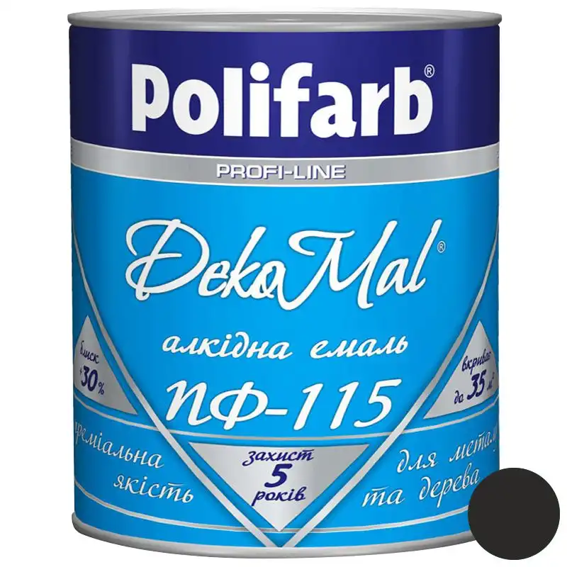 Емаль алкідна Polifarb DekoMal ПФ-115, 0,9 кг, чорний купити недорого в Україні, фото 1