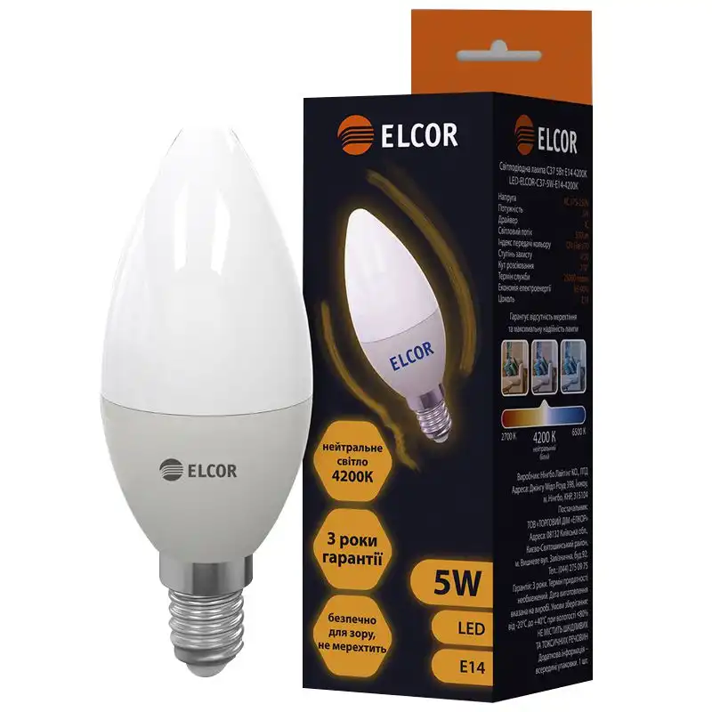 Лампа Elcor Led, C37, 5W, Е14, 4200К купити недорого в Україні, фото 1
