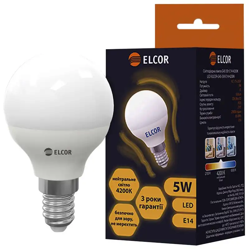 Лампа Elcor Led, G45, 5W, Е14, 4200К купить недорого в Украине, фото 1