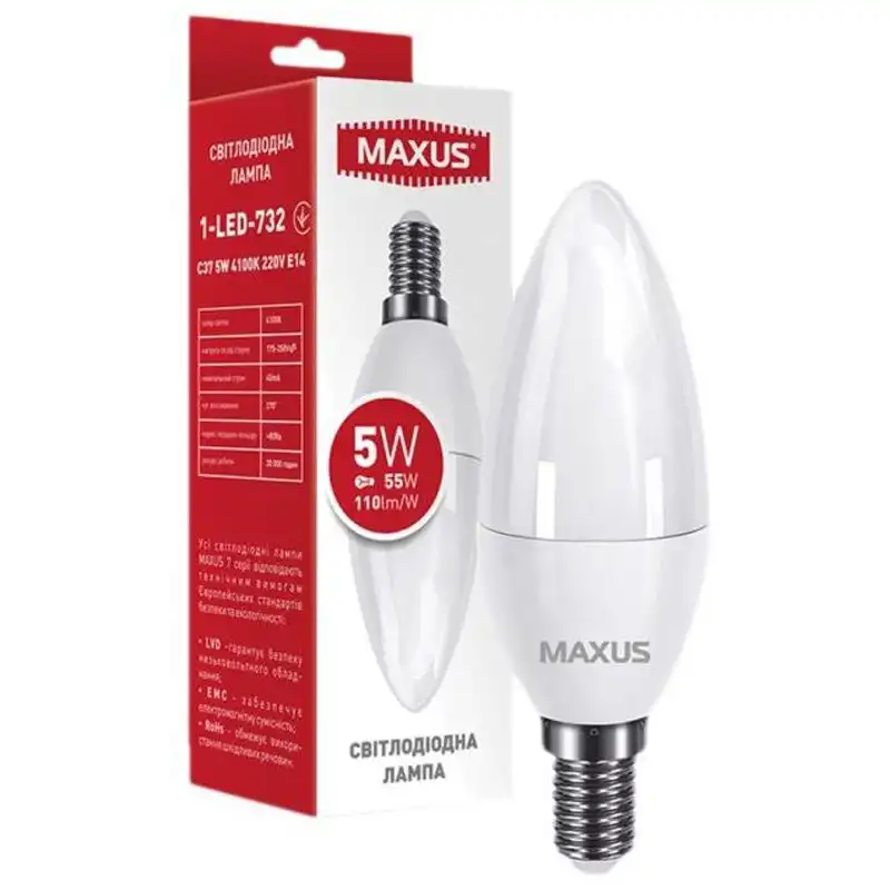 Лампа LED Maxus C37, 5W, E14, 4100K, 220V, 1-LED-732 купить недорого в Украине, фото 1