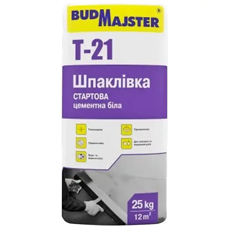 Шпаклівка стартова цементна BudMajster T-21, 25 кг, білий купити недорого в Україні, фото 1