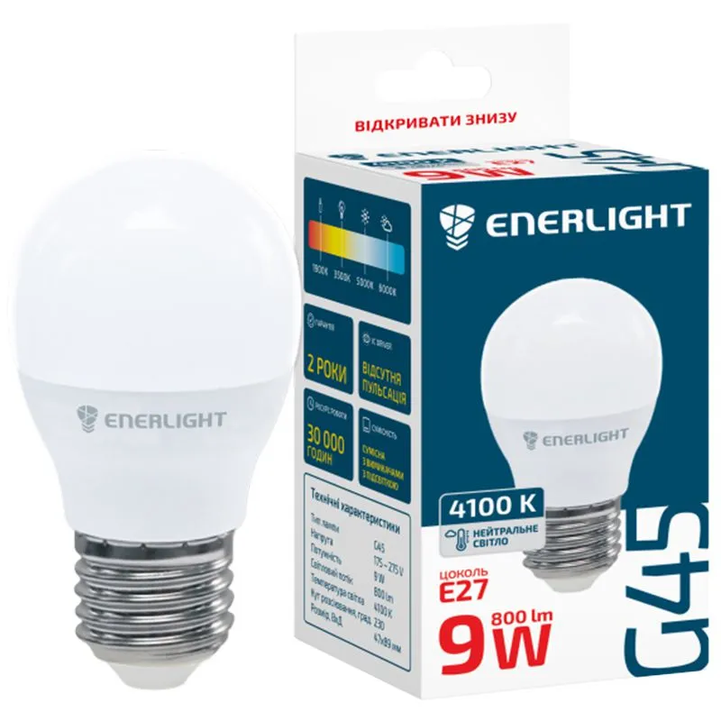 Лампа світлодіодна Enerlight, 9 Вт, Е27, G45, 4100 K, G45E279SMDNFR3 купити недорого в Україні, фото 2