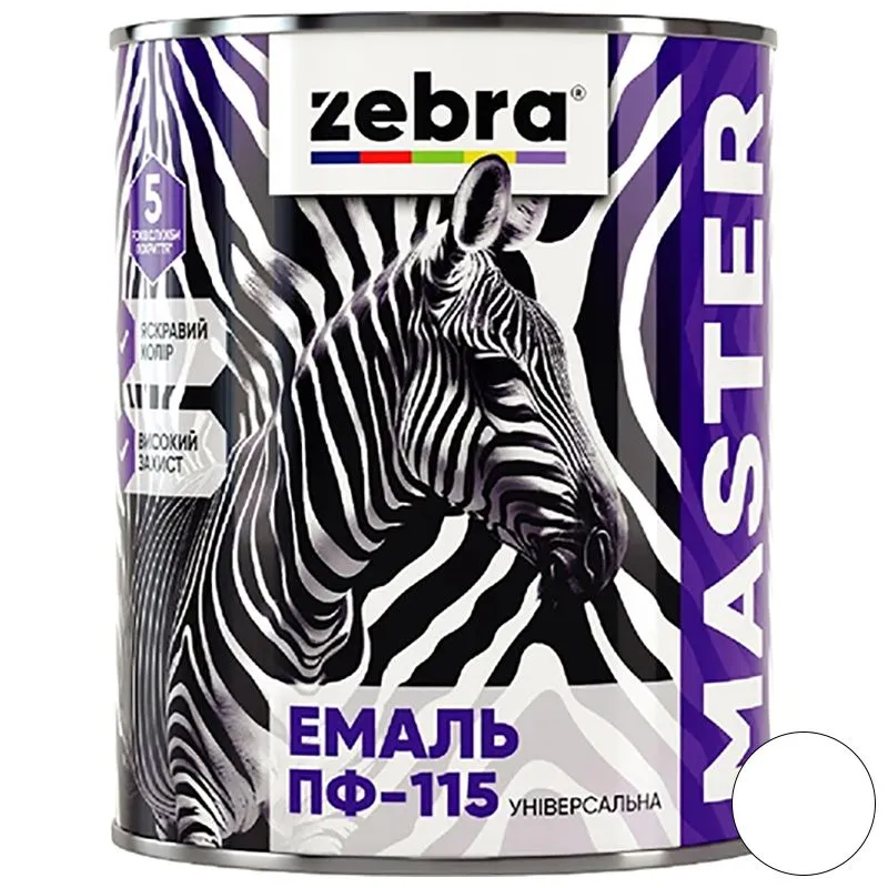 Емаль універсальна Zebra ПФ-115 серія Master, 0,25 кг, 1212 М12 білий, глянцевий купити недорого в Україні, фото 1