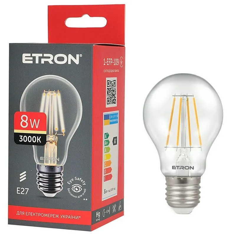 Лампа філаментна Etron, 8 W, A60, E27, 3000 K, 1-EFP-109 купити недорого в Україні, фото 1