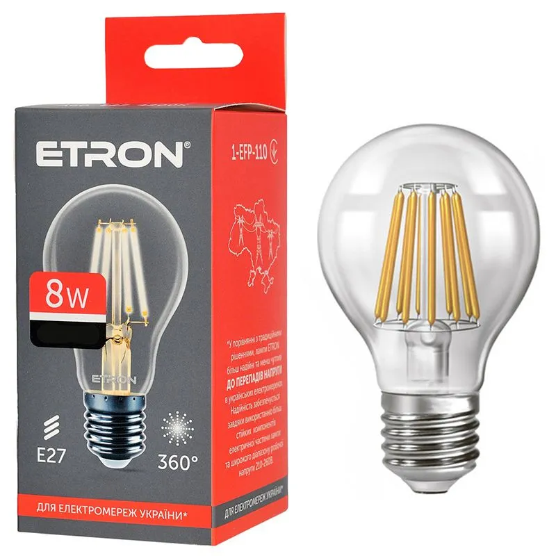 Лампа філаментна Etron, 8W, A60, E27, 4200 K, 1-EFP-110 купити недорого в Україні, фото 1