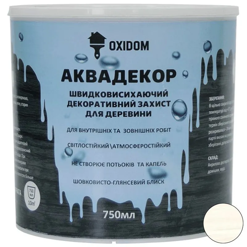 Лазур акрилова Oxidom Аквадекор, 0,75 л, білий купити недорого в Україні, фото 1
