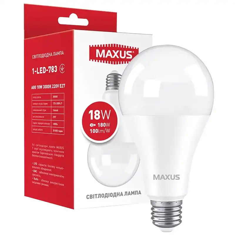 Лампа Maxus LED, A80, 18W, 3000K, E27, 1-LED-783 купити недорого в Україні, фото 1