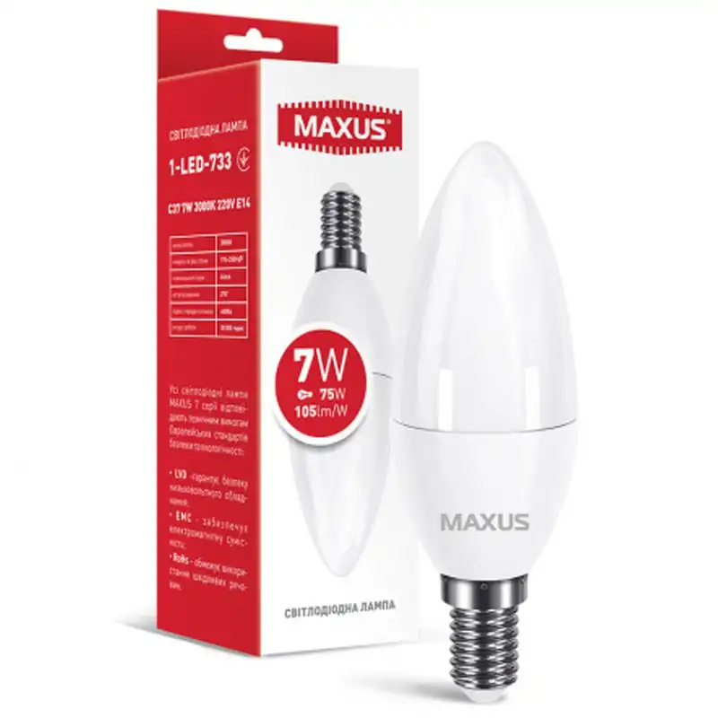 Лампа LED Maxus C37, 7W, E14, 3000K, 220V, 1-LED-733 купити недорого в Україні, фото 1