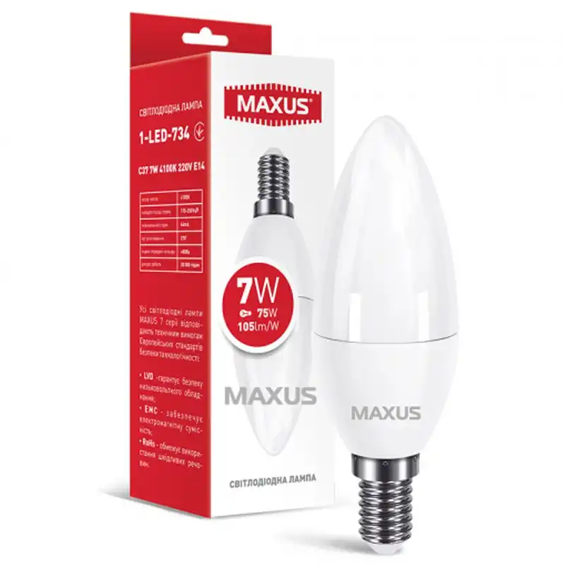 Лампа LED Maxus C37, 7W, 4100K, E14, 220V, 1-LED-734 купить недорого в Украине, фото 1