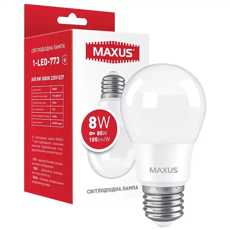 Лампа Maxus LED, A55, 8W, 3000K, E27, 1-LED-773 купити недорого в Україні, фото 1