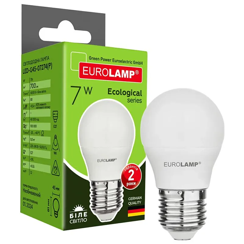 Лампа світлодіодна Eurolamp G45 E27 4000K ECO серія P, 7 Вт, LED-G45-07274(P) купити недорого в Україні, фото 1