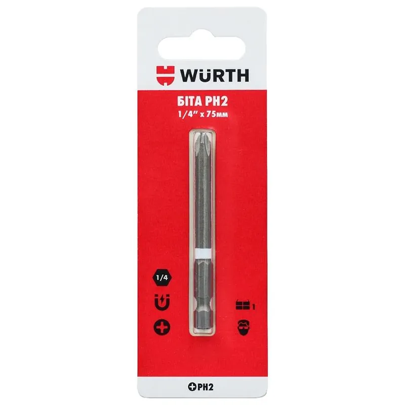 Бита Wurth PH2, 1/4", 75 мм, 1 шт, 1614176775901 купить недорого в Украине, фото 1