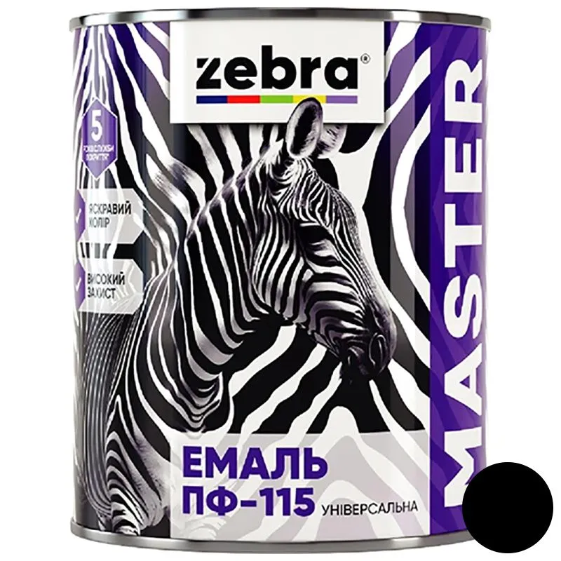 Емаль універсальна Zebra ПФ-115 серія Master, 0,25 кг, 1290 М90 чорний, глянцевий купити недорого в Україні, фото 1